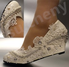 su.cheny 2” wedges Lace white ivory bow pearls rhinestone Wedding Bridal shoes