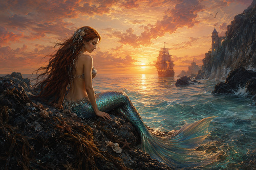 Mermaid sunset fantasy - sunset, sea