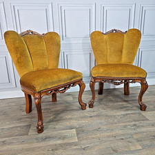 Pair 2 Antique Style Carved Slipper Chairs – Queen Anne Revival – Upholstered