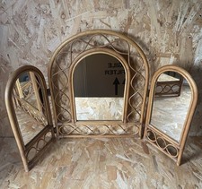 Vintage Bamboo Wooden Framed Hinged Folding Triple Tabletop Vanity Mirror