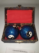 Rare UK Vintage Blue Yin Yang Cloisonne Iron Chime Exercise Health Ball Set VGC