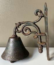 Vintage Cast Iron Wall Bell – Rustic Scroll Bracket Door or Garden Decor 
