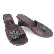 Granny Sandals Mules Open Toe Wedge Heel Slip On Brown Flower Size UK 5 Retro