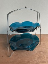 1940s 2 Tiered Teal Glass And Metal Framed Cake  Sandwich Stand. Excellent Cond