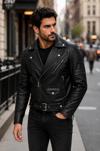 Men black biker - black, leather