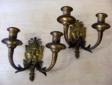 RARE ANTIQUE PAIR SOLID BRASS CANDLE WALL SCONCES-FRENCH-NEO CLASSIC-LIONS HEAD