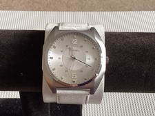 Fossil JR9677 Ultra Wide Cuff Watch On Off White Leather Strap In Tin