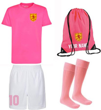 Personalised Kids Scotland Style Pink Football Kit Shirt Shorts Socks & Bag