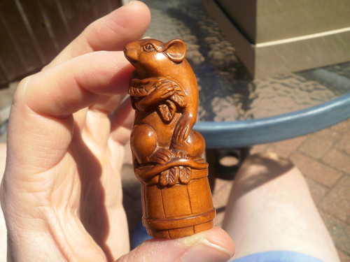 Hand carved wood netsuke mouse - hand,
