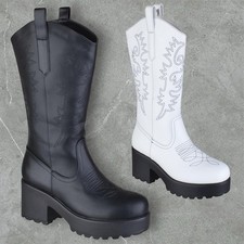 NEW WOMENS LADIES CHUNKY BLOCK HEEL PLATFORM PULL ON WESTERN COWBOY BOOTS SIZE