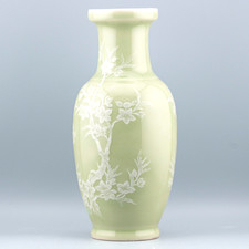 Vintage Chinese Celadon Porcelain Vase White Slip Blossom Birds Lamped Era 20thC