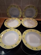 6x Royal Doulton Rimmed Soup Pasta Bowls Blueberry Yellow White 2005 21.5cm