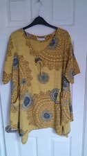 Ladies cotton top.Italian.Mustard & blue.One size. Adjustable sleeve length