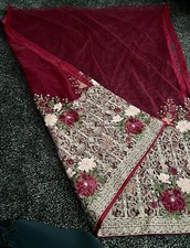 Original Pakistani Designer Red/ Burgundy/ Maroon Net Embroidered Dupatta/ Shawl