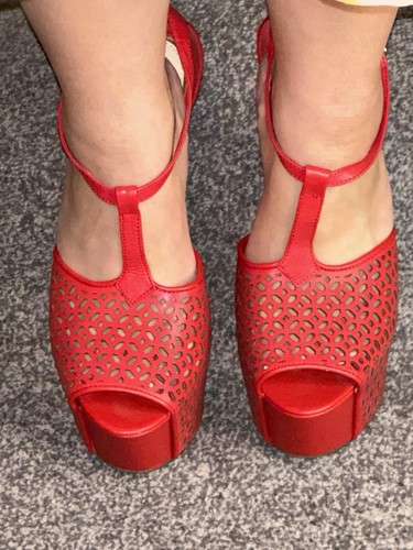 Red leather block heel - red,
