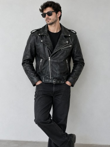 Men black leather biker - black,