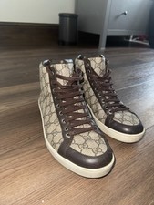 Gucci High Top Sneakers Beige & Ebony GG Supreme /Brown Coated Canvas UK 8 1/2