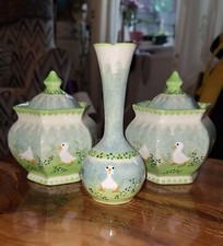 Vintage Dresser Set, 2x Jars And Bud Vase, Ceramic Hand Painted, Duck Design