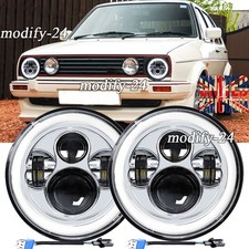 Chrome 7" Round LED Headlights Hi/Low Beam Halo Angel Eyes Fit VW Golf Mk2 83-92