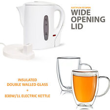 1 L WHITE 830W ELECTRIC CORDLESS KITCHEN KETTLE 350ML Insulated Glass Mugs