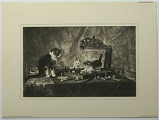 Cat Family Playing Chess , By Henriette Ronner ( 1821 -1909 )reproduction print