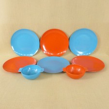 Vintage Melaware Melamine Picnic Ware Retro Camper Orange & Blue Bowl Plate Set