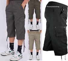 Mens 3/4 Long Length Shorts multi POCKETS Elasticated Waist Cargo Three Quarter