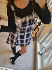 Womens check Dungaree Pinafore sexy feminine mini dress size uk 10-12 M/L