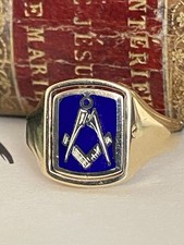 Gents 9ct Gold & Blue Enamel Masonic Swivel Face Signet Ring, Size O, 