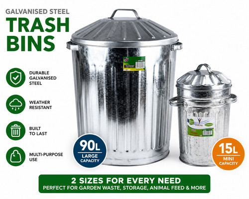 Galvanised metal dustbin - galvanised,