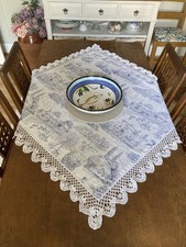 HANDMADE TABLECLOTH Vintage Crochet Lace Blue Toile De Jouy Recycled Reused  