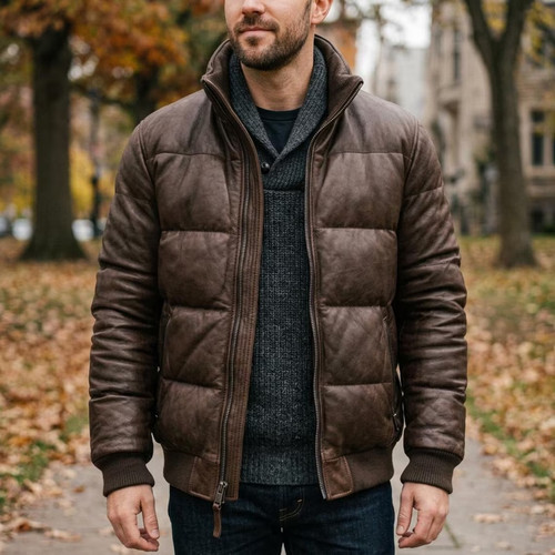 Men brown leather puffer - brown,
