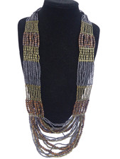 Long Statement Multi Strand Beaded Necklace Brown Grey Wood Metal Glass