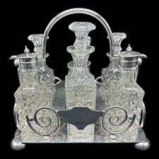 *MARTIN HALL & CO* VICTORIAN SILVER PLATED CRUET SET 6 CUT GLASS BOTTLES c1880s