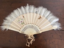 Antique Hand Painted Bone, Silk & Feather Hand Fan; see description!