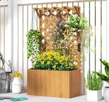 Wooden Garden Planter with Trellis and Roof Hanging Basket Stand Outdoor Bed