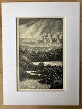 Vintage wood engraving print , C F TUNNICLIFFE - Deer in Rain, mounted. 1933