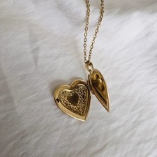Gold engraved antique style heart shaped locket pendant necklace