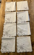 Vintage Fine Linen Cotton Embroidered Serviettes Napkins Set Of 7 Plus 1 Similar