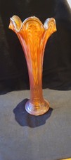 Vintage Fenton Plumed Panels Marigold Carnival Glass tall vase