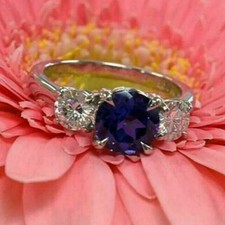 3.50 Ct Round Sapphire Diamond Trilogy Wedding Ring 14k White Gold Over Size J-T
