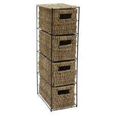 JVL 4 Drawer Seagrass Hand Woven Storage Tower Unit with Black Metal Frame Home