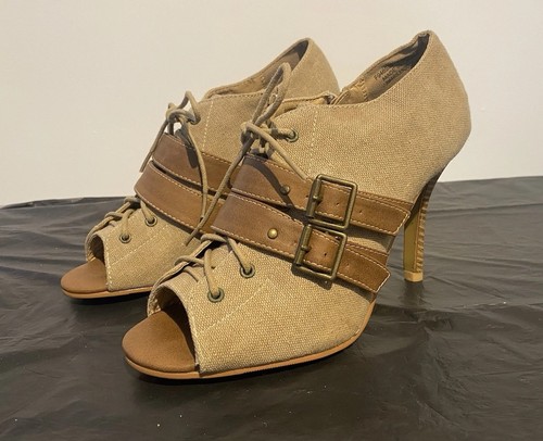Tan canvas peep toe high - canvas, heel