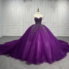 Purple  Glitter Princess Dresses Lace Appliques Bead Strapless Wedding Ball Gown