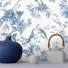 Amelie Chinoiserie Wallpaper Blue / White Rasch 260554 Birds Washable Matte