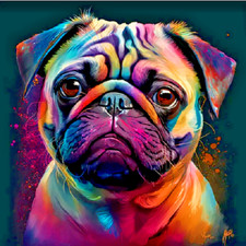 PUG DOG ART COLORFUL One-Of-A-Kind Pendant on Plated 925 Silver 20" 22" Necklace