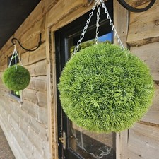 Pair of Best Artificial 28cm Moss Grass Topiary Green Garden Hanging Balls