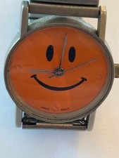 Orange smiley face watch on silver stretch strap - Untested