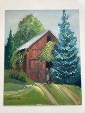 VINTAGE OIL PAINTING ON BOARD LOG CABIN IN WOODLAND / ALPINE SCENE SIGNED