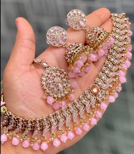 Pink gold jhumka earrings - pink,